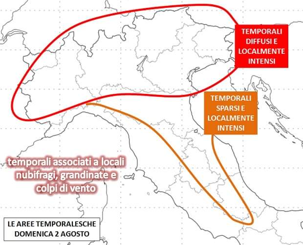 Aree con temporali attesi il 2 agosto