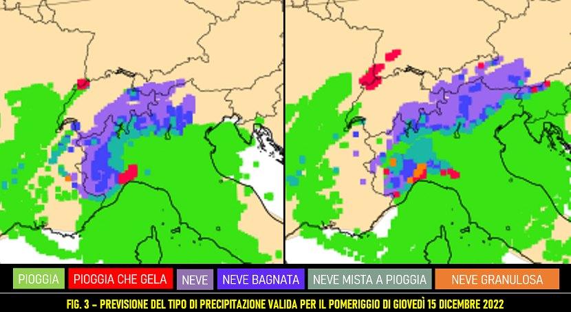 Tipo di precipitazione attesa il pomeriggio del 15 dicembre 2022