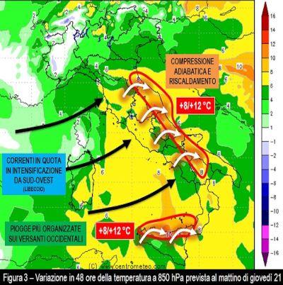 Variazione della temperatura a 850hPa per il 21 Gennaio 2021