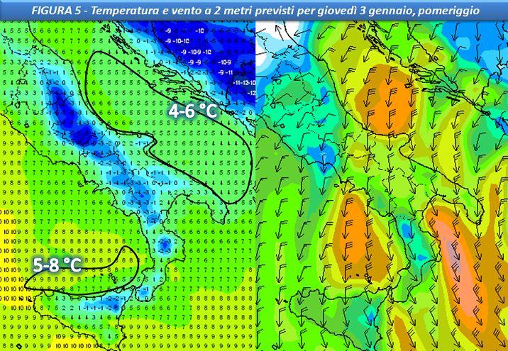 Vento e temperatura a 2m previsti per il 3 Gennaio pomeriggio