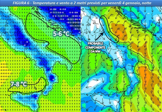 Vento e temperatura a 2m previsti per il 4 Gennaio notte