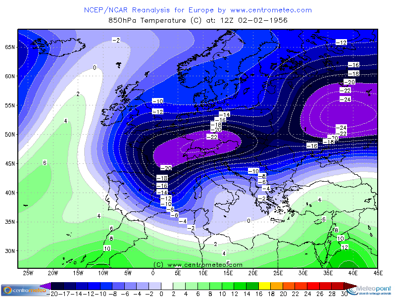 Temperatura il 2 Febbraio 1956 a 850hPa