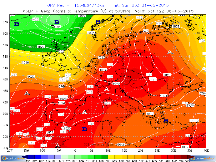 Pressione e geopotenziali attesi per il 6 Giugno 2015