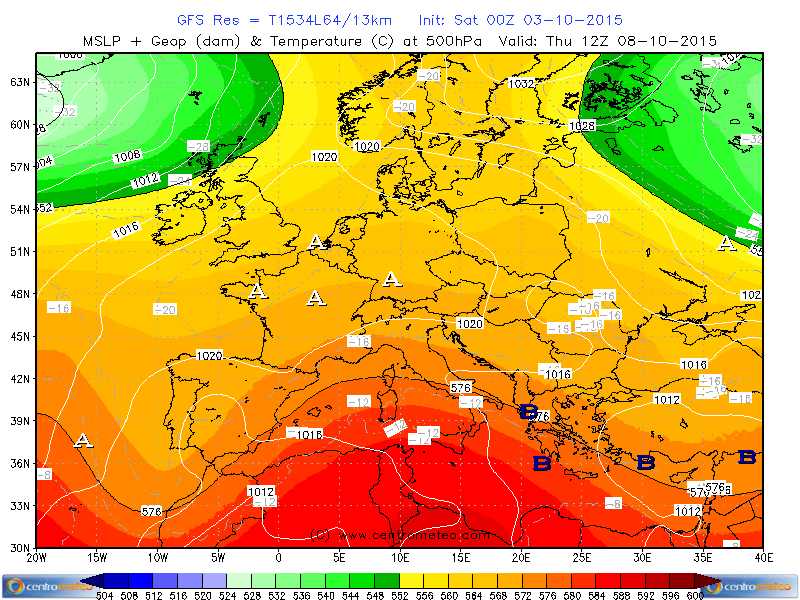 Pressione e geopotenziali attesi per il giorno 8 Ottobre 2015