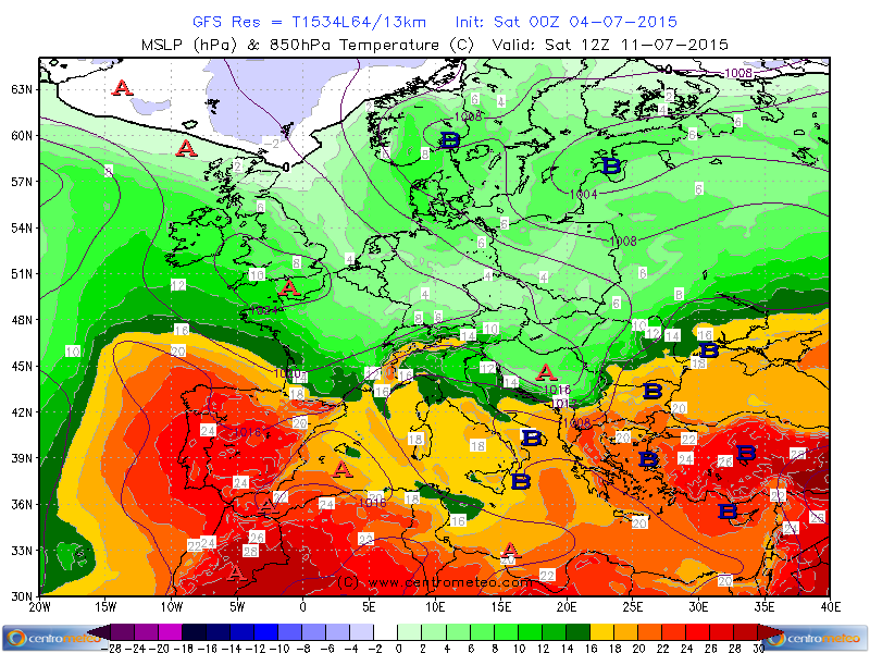 Temperature a 850 hPa attese per l'11 Luglio 2015