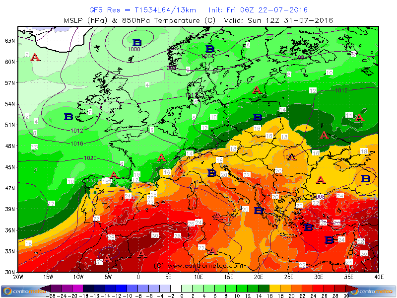 Temperature a 850hPa attese per il 31 Luglio 2016