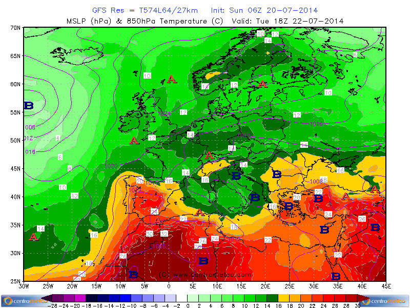 Le temperature attese a circa 1500m il 22 Luglio