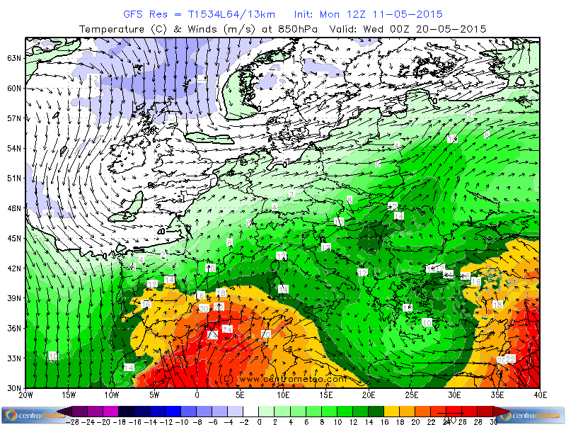 Temperature e venti a 850hpa attese per il 20 maggio 2015