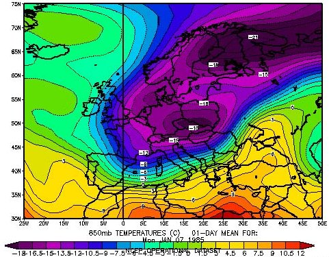 Temperatura a 850hPa il 7 Gennaio 1985
