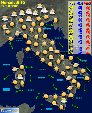 Le previsioni suddivise in notte, mattina, pomeriggio, sera