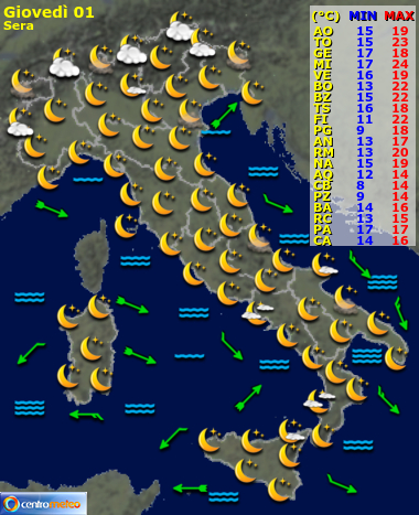 Previsioni meteo domani sera