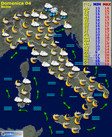 Previsioni meteo Domenica notte