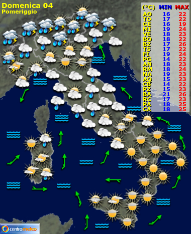 Previsioni meteo Domenica pomeriggio