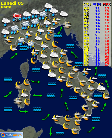 Previsioni meteo Lunedì notte