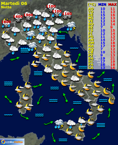 Previsioni meteo Martedì notte