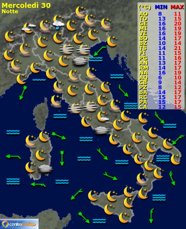 Previsioni meteo Mercoledì notte