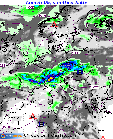 Mappa precipitazioni Lunedì notte