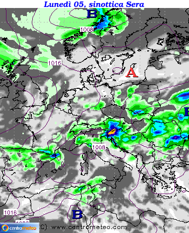 Mappa precipitazioni Lunedì sera