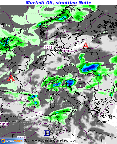 Mappa precipitazioni Martedì notte