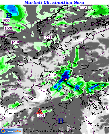 Mappa precipitazioni Martedì sera