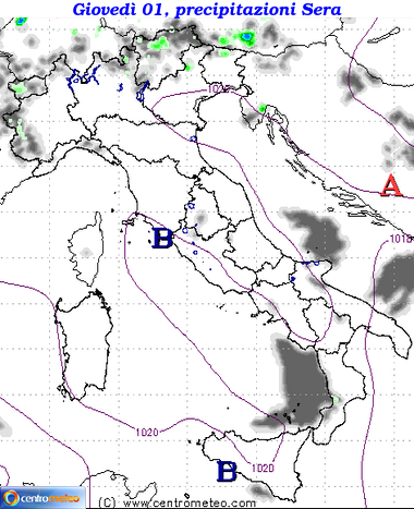 Mappa precipitazioni domani sera