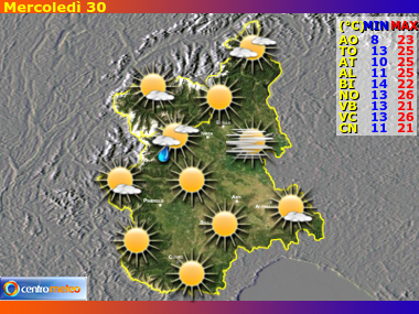 Previsioni giornaliere, riassuntive delle 24 ore, per Valle d'Aosta e Piemonte