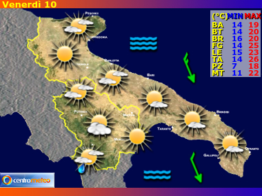 Previsioni del Tempo regione Puglia e Basilicata, giorno 1
