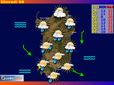 Previsioni del Tempo regione Sardegna, giorno 8