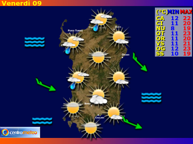 Previsioni del Tempo regione Sardegna, giorno 9