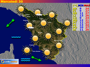 Previsioni del Tempo regione Toscana, giorno 0