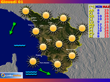 Previsioni del Tempo regione Toscana, giorno 1