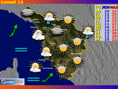 Previsioni del Tempo regione Toscana, giorno 9