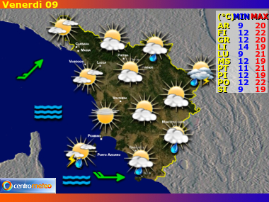 Previsioni del Tempo regione Toscana, giorno 9