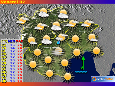 Previsioni del Tempo regione Trentino AA, Veneto e Friuli VG, giorno 1