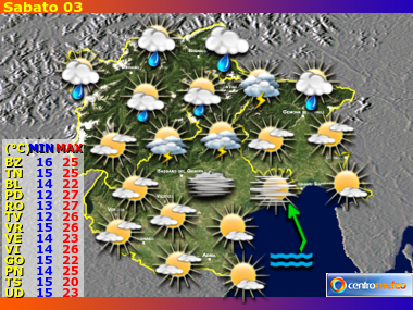 Previsioni del Tempo regione Trentino AA, Veneto e Friuli VG, giorno 2