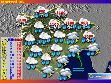 Previsioni del Tempo regione Trentino AA, Veneto e Friuli VG, giorno 5