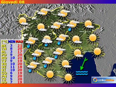 Previsioni del Tempo regione Trentino AA, Veneto e Friuli VG, giorno 7