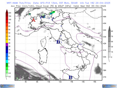 Una tipica mappa meteorologica. Questa esprime l'accumulo di precipitazioni previste in 12 ore.