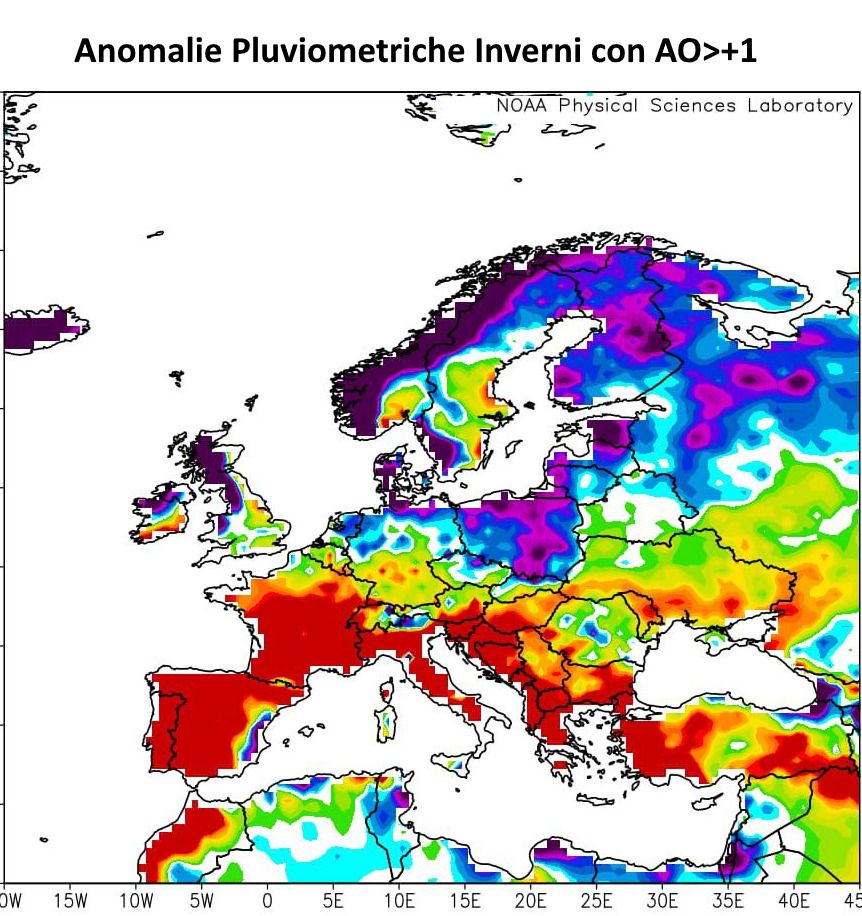 Anomalie precipitazioni inverni con AO positiva