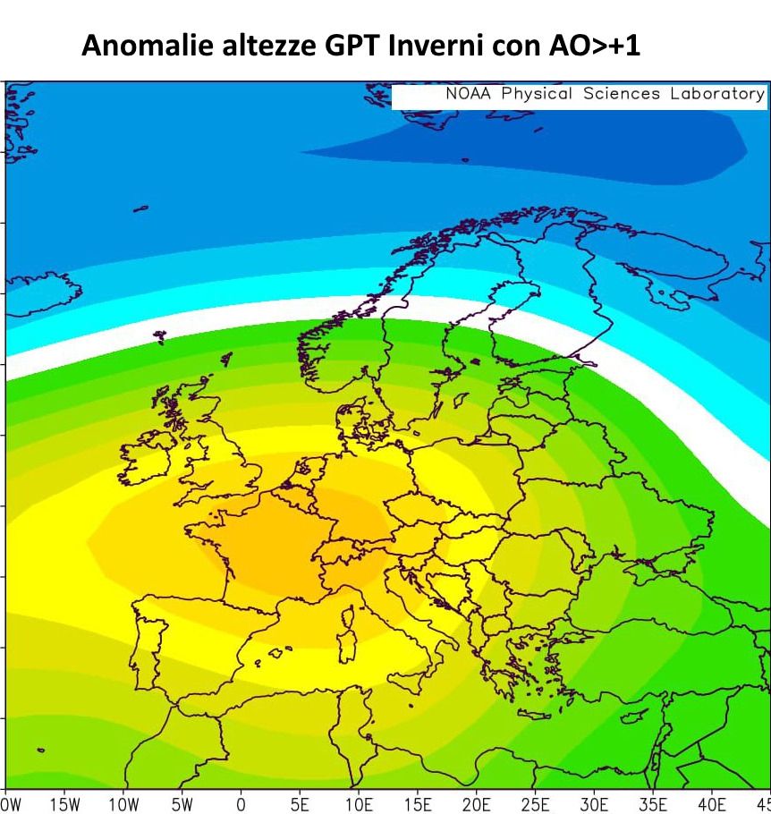 Anomalie geopotenziali inverni con AO positiva