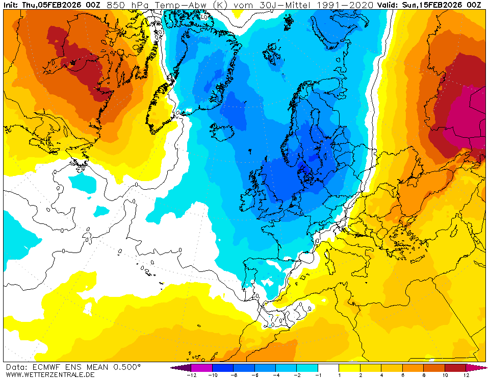 Anomalie di Temperatura centrate per il 15 Febbraio